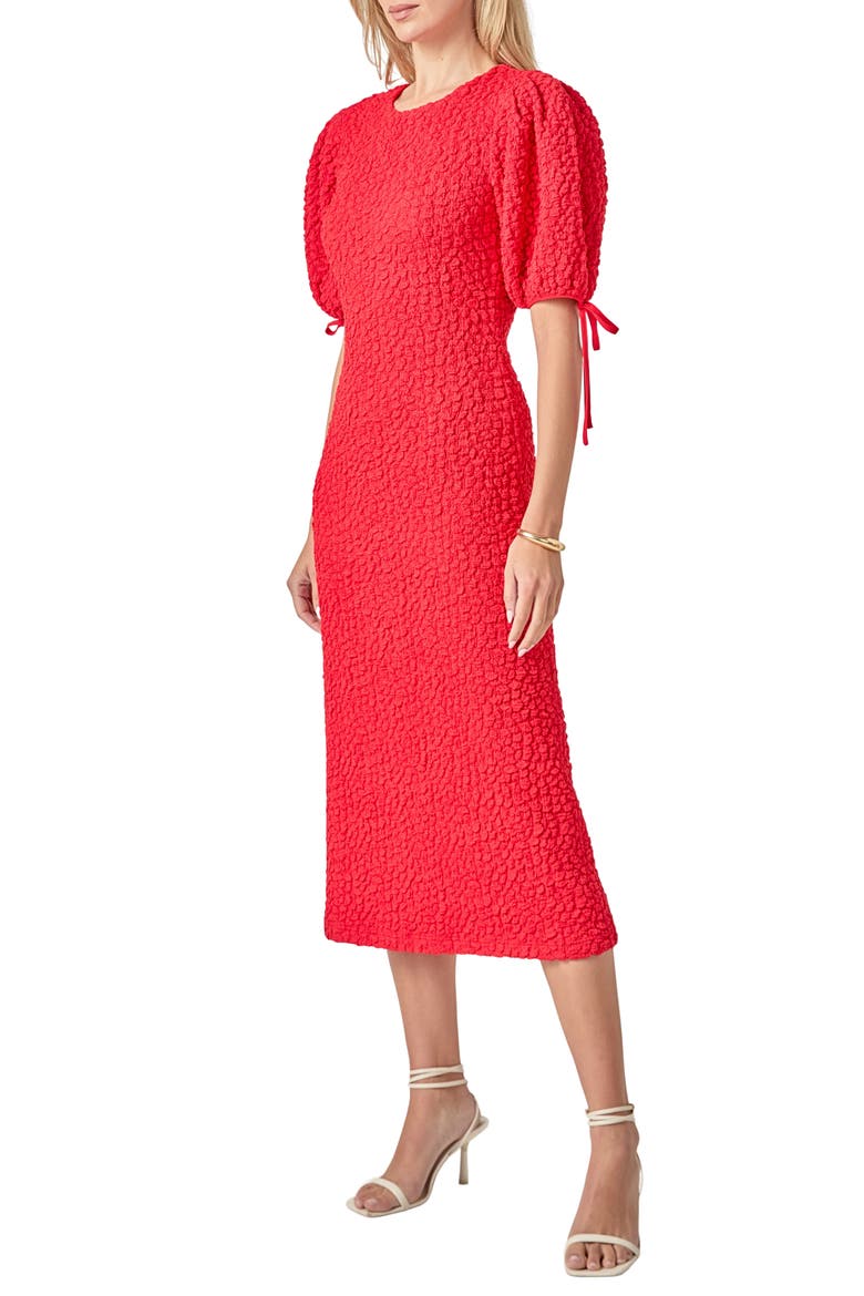 Textured Puff Sleeve Midi Dress