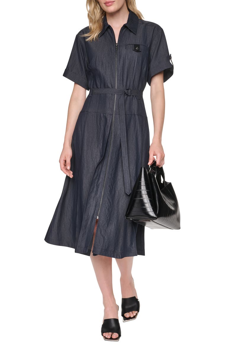Front Zip Belted Midi Dress