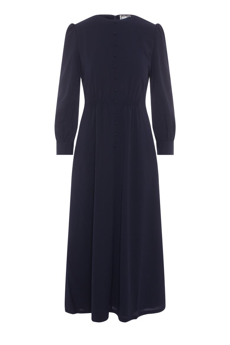Linen Look Smocked Waist Faux Button Midi Dress