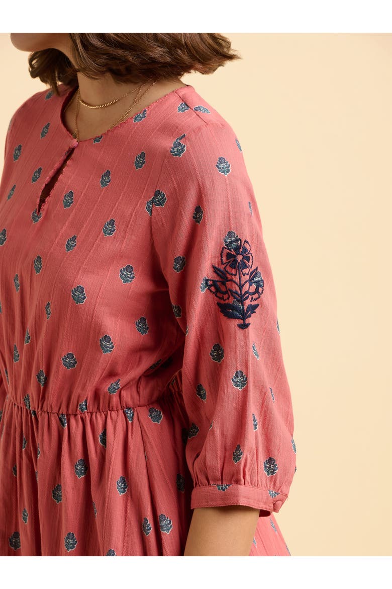 Rolling 3/4 Sleeve Round Neck Midi Dress