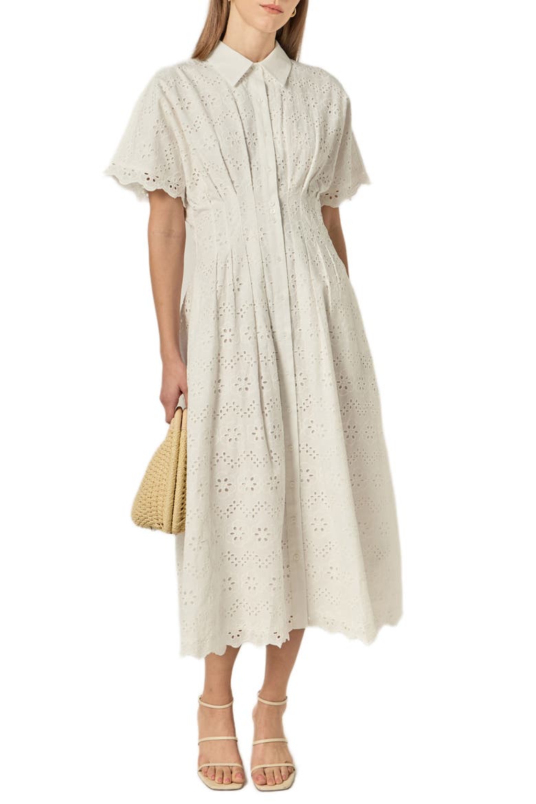 Eyelet Cinched Waist Midi Shirtdress