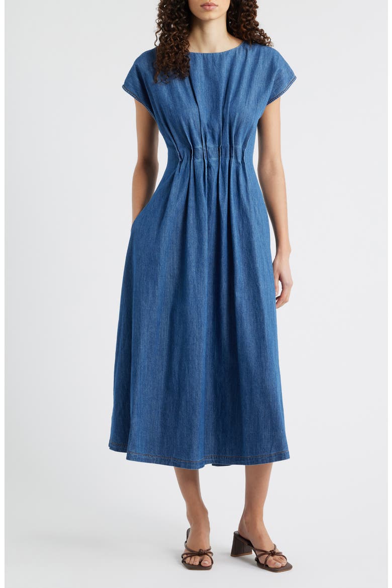 Pleat Detail Denim Midi Dress