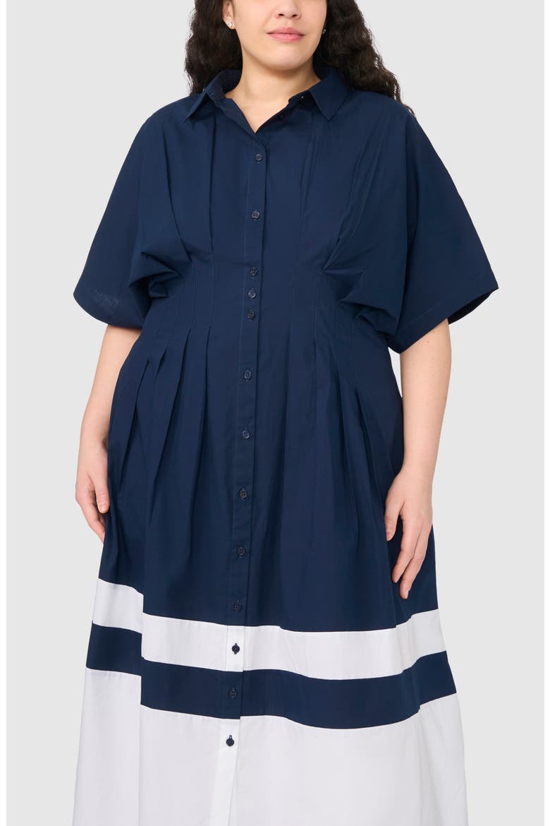 Pleated Combo Hem Cotton Maxi Shirtdress
