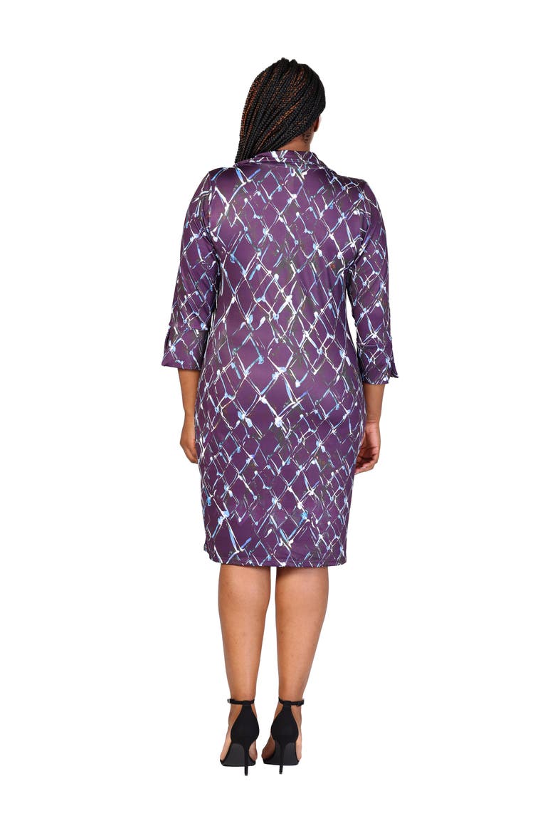 Plus Size  Purple Geometric Print Three Quarter Sleeve Collar Mini Dress