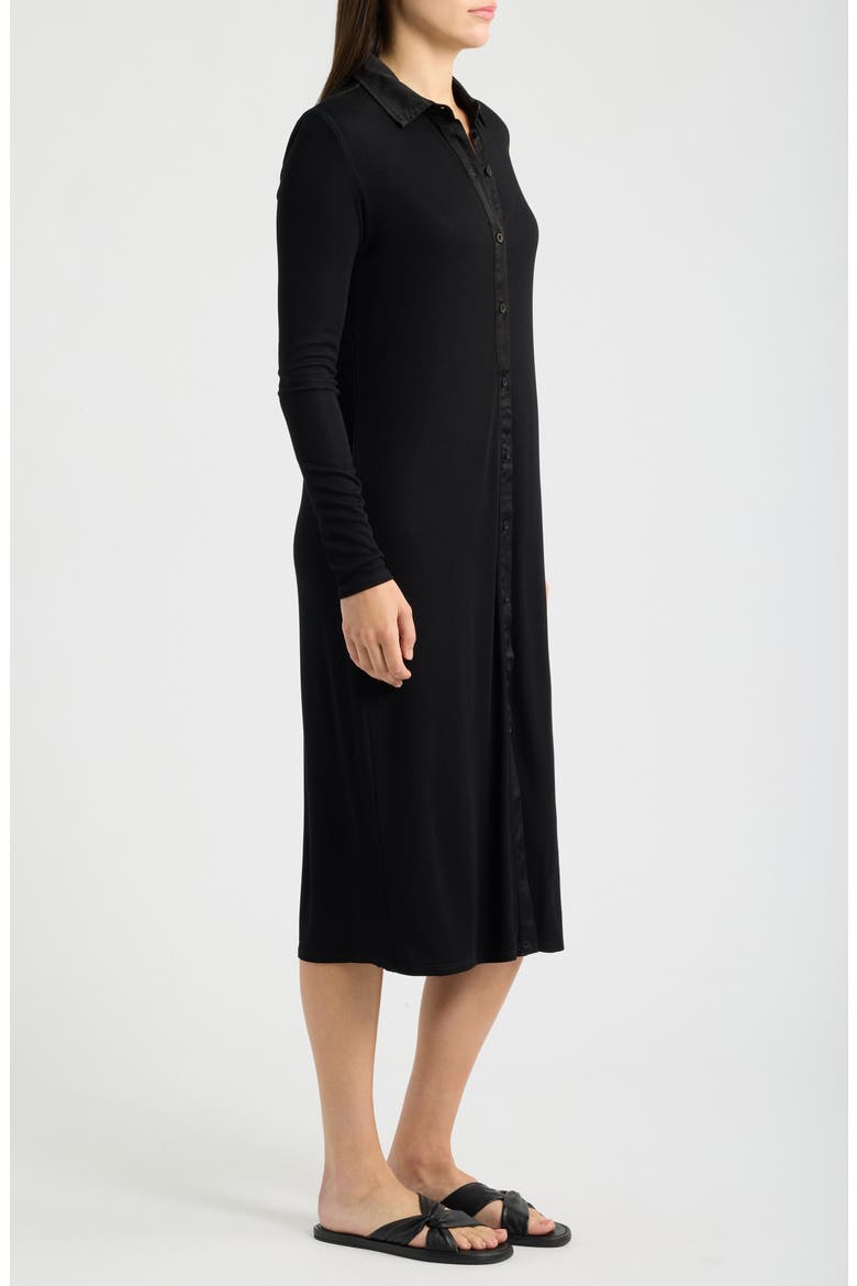 Front Button Long Sleeve Rib Midi Dress