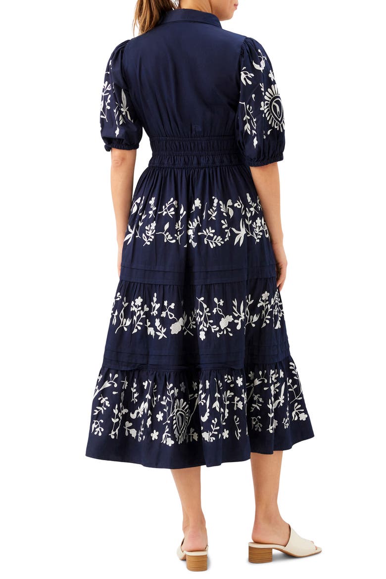 Embroidered Puff Sleeve Tiered Midi Dress