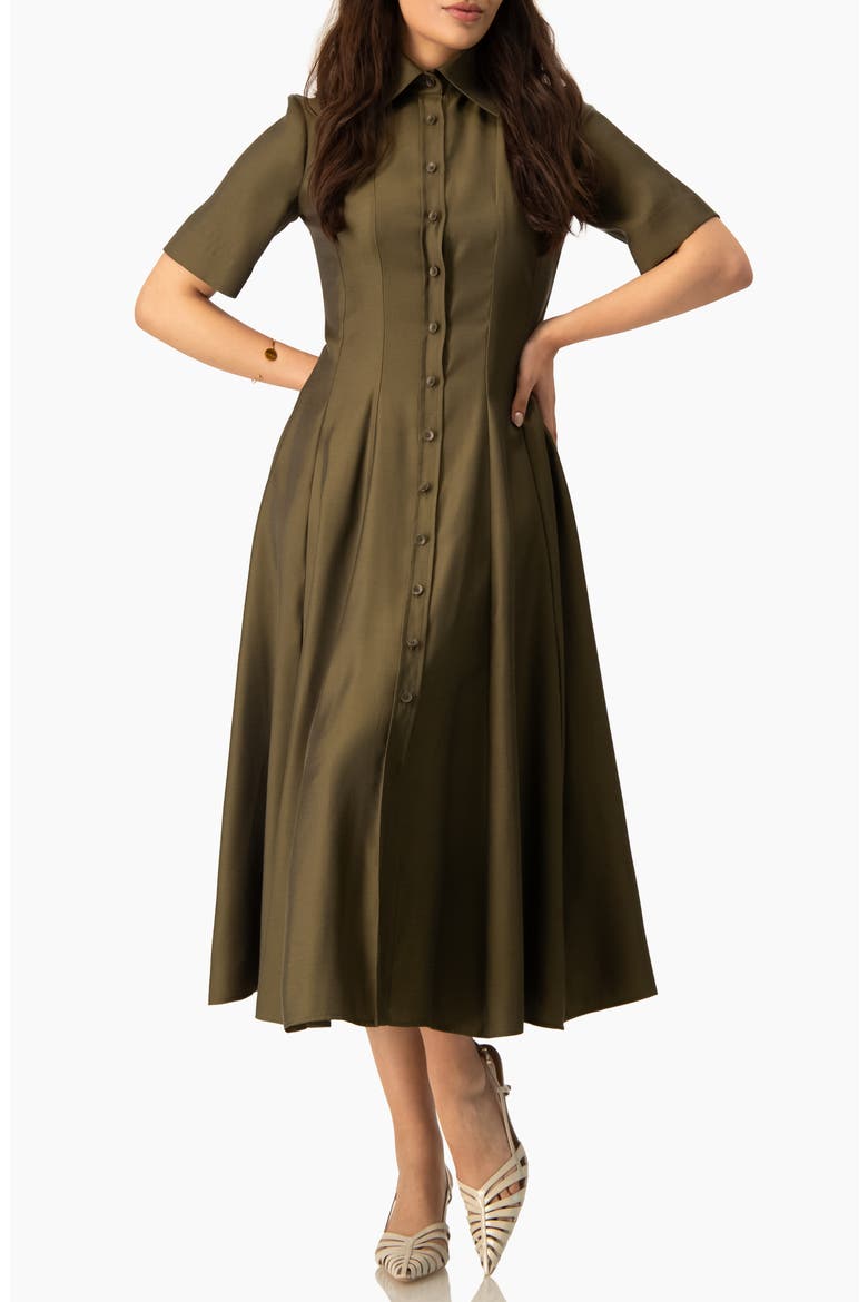 Short Sleeve Midi Dress with Button-Front Fit-and-Flare Shirtdres