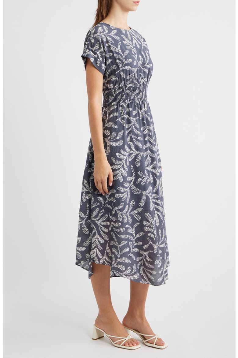Leaf Print Smock Waist Midi Dress