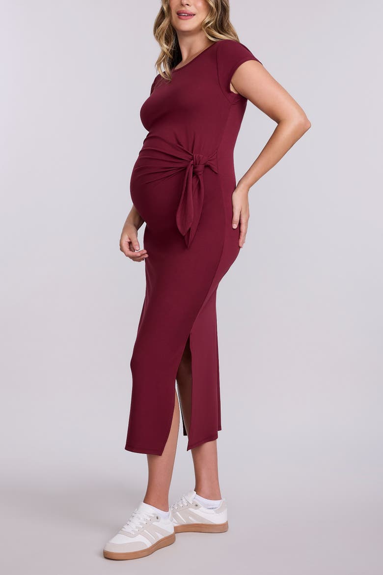 Crew Neck Short Sleeve Side Tie Maternity Midi Dress