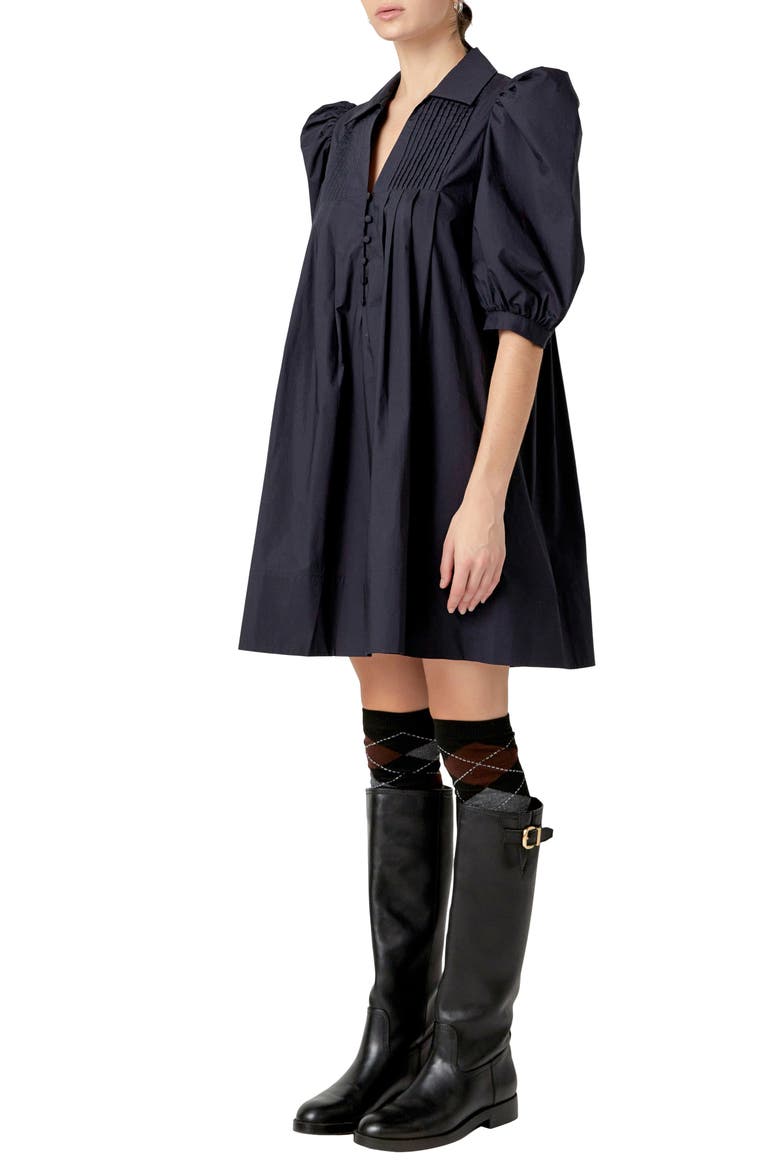 Pintuck Collar Puff Shoulder Minidress