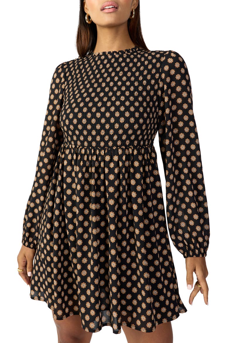 Medallion Smocked Long Sleeve Babydoll Minidress