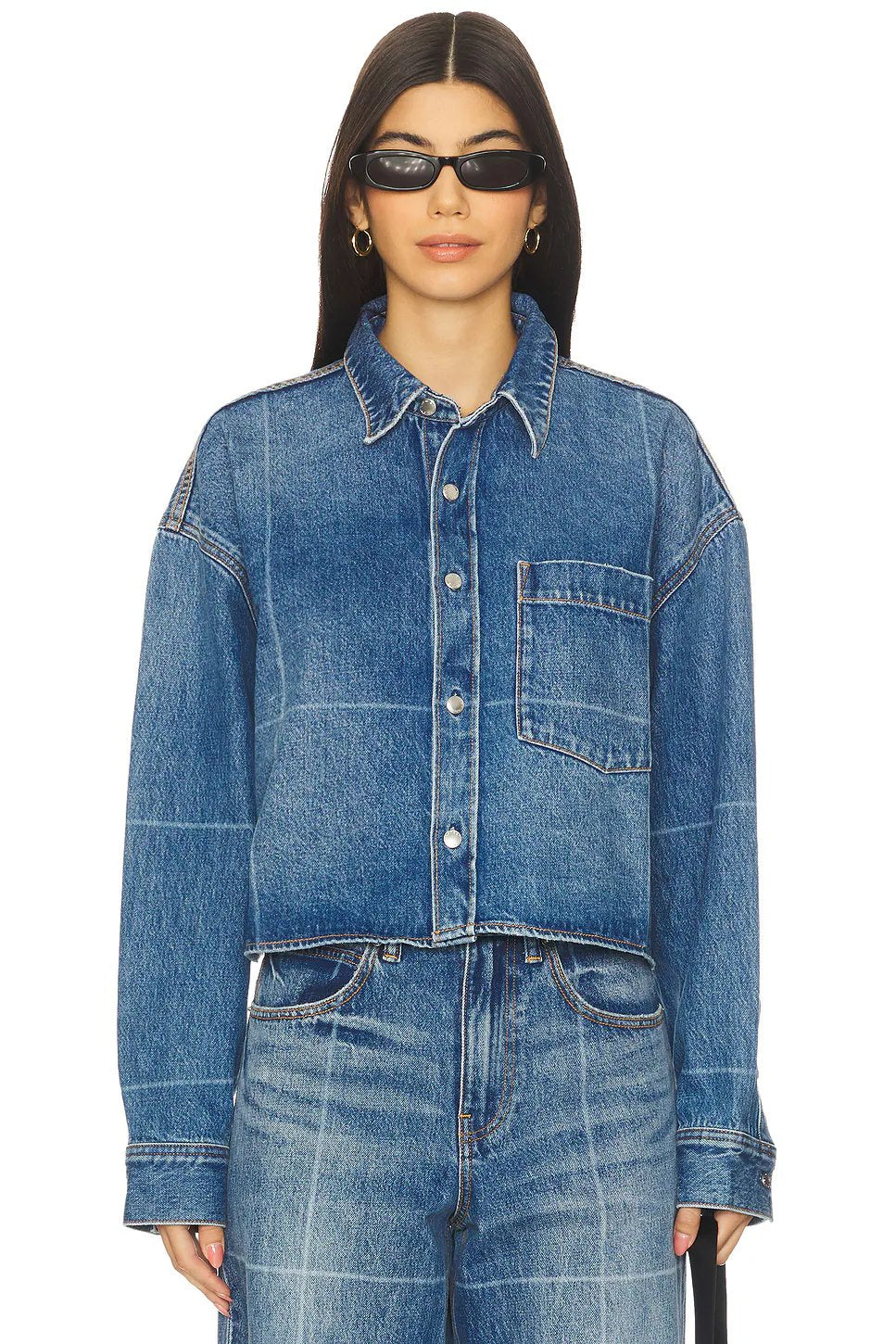 Alexander Wang Cropped Button Down Shirt in Vintage Marbled Blue - Image 1