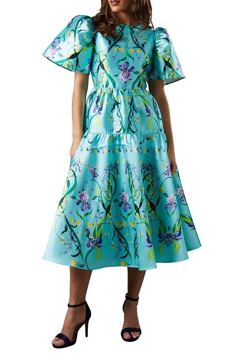 Twill Puff Sleeve Printed Midi Dress