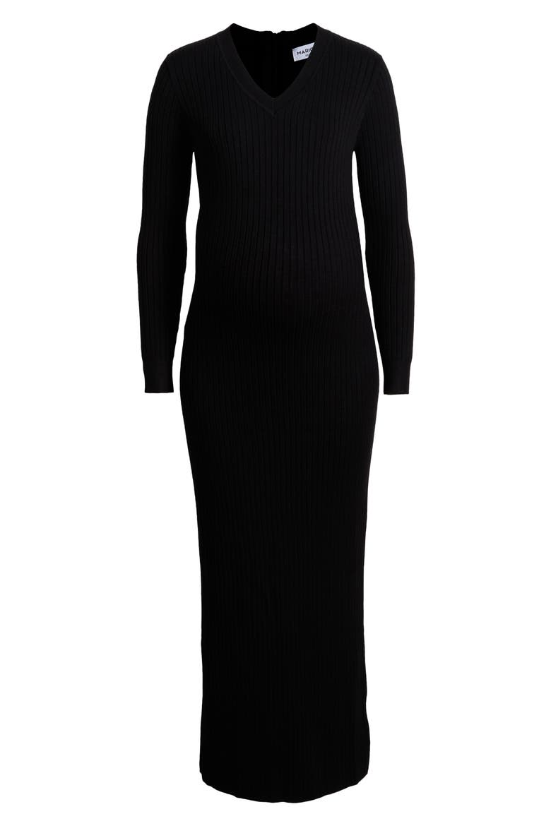 Women's Ribbed Long Sleeve V-Neck Midi Sweater Dress
