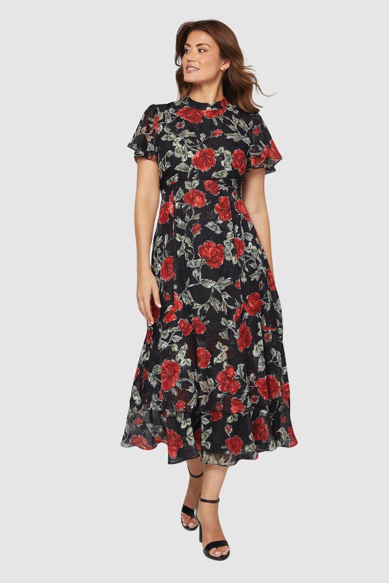 Floral Burn Out Ruffle Midi Dress