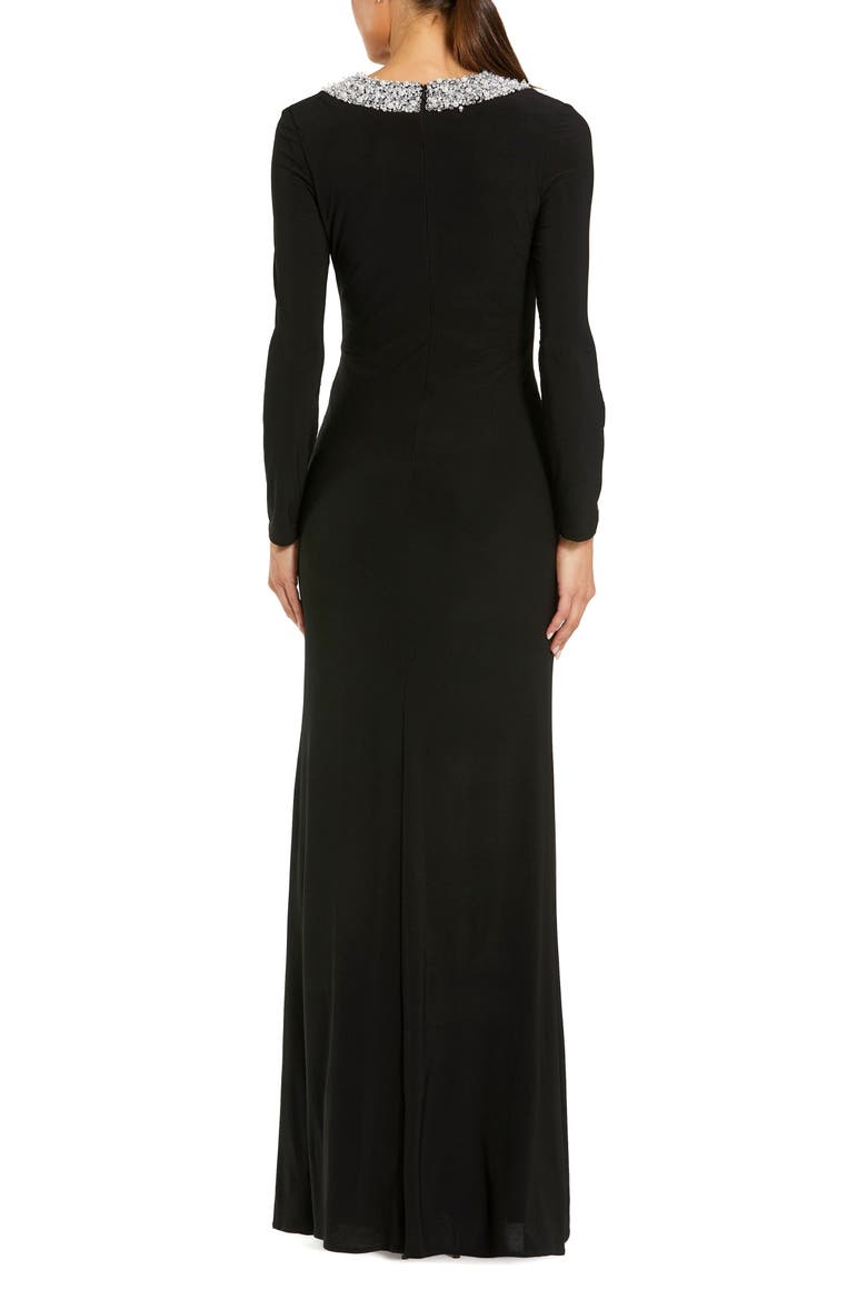Jersey Long Sleeve Fitted Gown With Beaded Neck