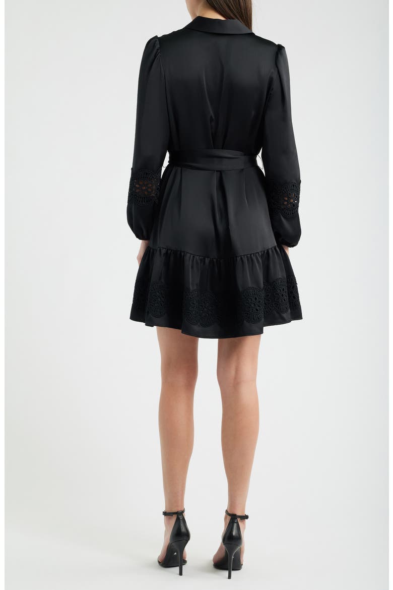 Lace Trim Long Sleeve Tie Belt Satin Shirtdress
