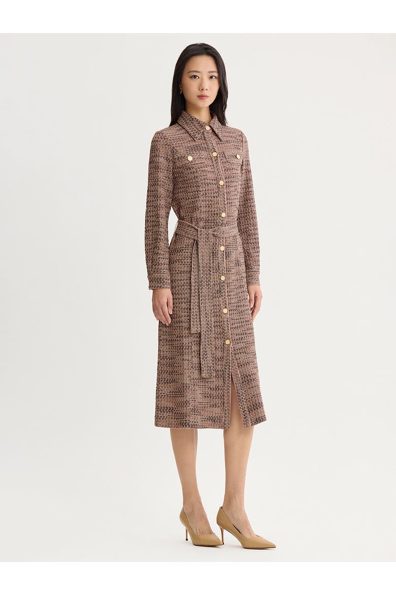 Belted Button Front Tweed Knit Midi Dress