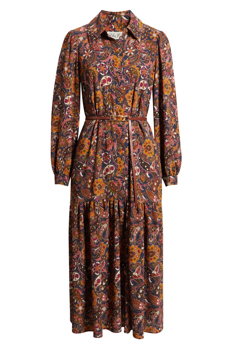 Print Belted Long Sleeve Maxi Shirtdress