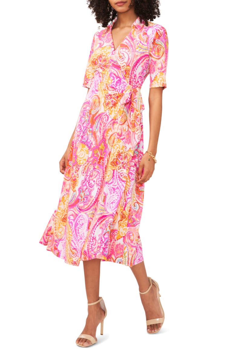 Print Faux Wrap Midi Dress