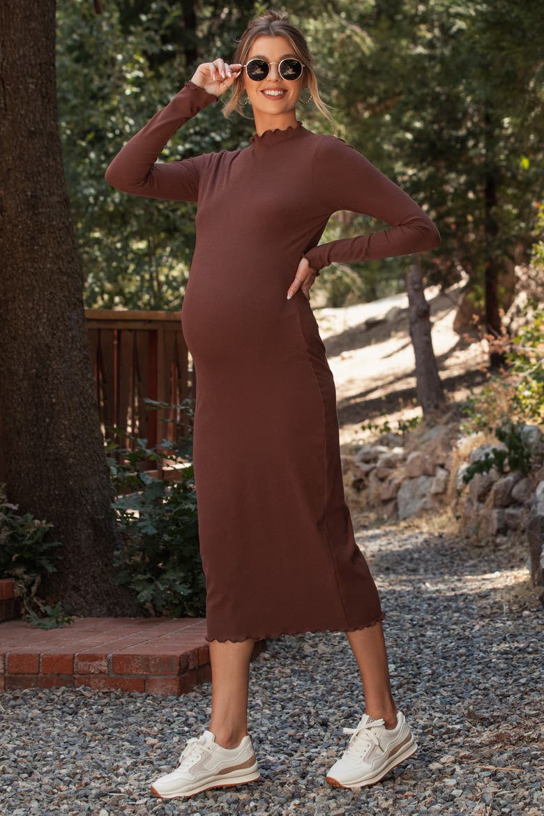 Ruffle Mock Neck Long Sleeve Midi Dress