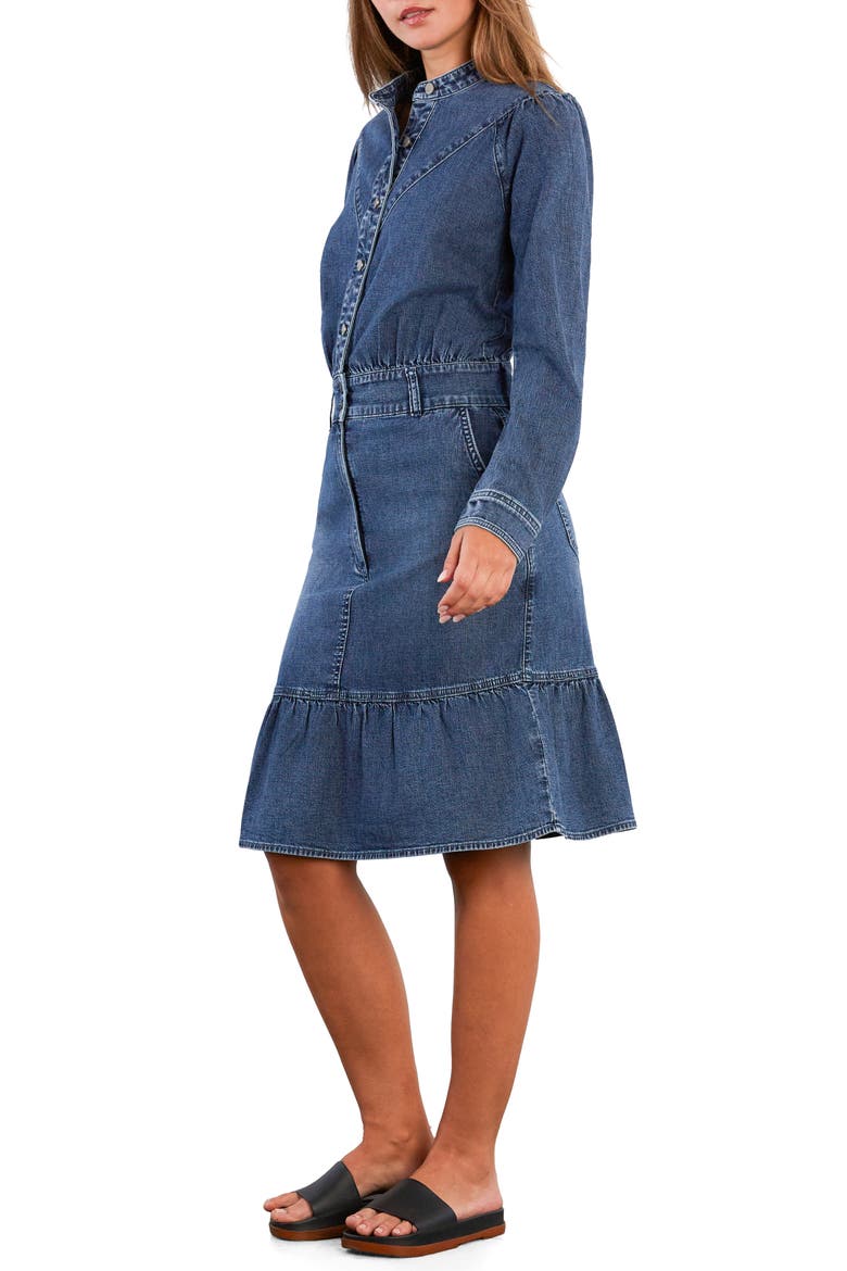 For A Stroll Ruffle Hem Long Sleeve Denim Dress