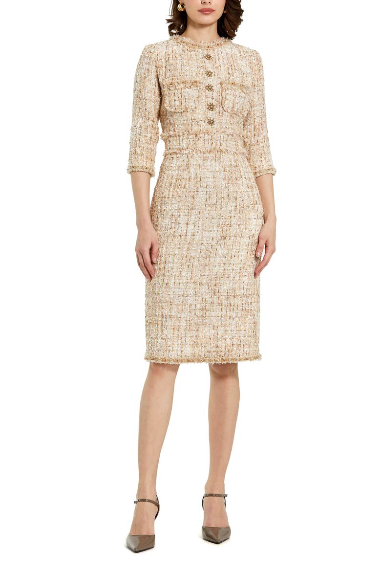 Petite Beaded Trim Boucle Midi Dress with 3/4 Sleeves