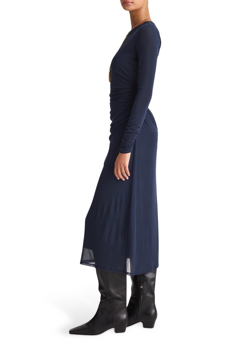 Long Sleeve Ruched Mesh Midi Dress