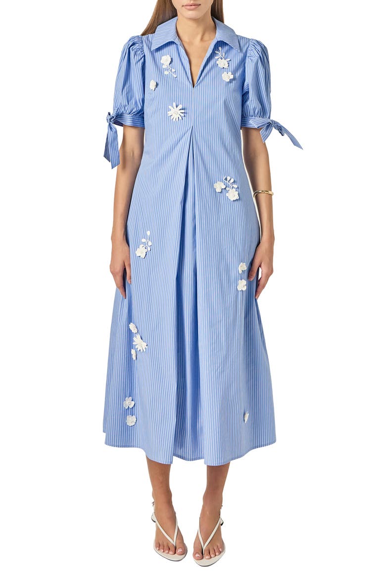 Flower Trim Striped Midi Dress