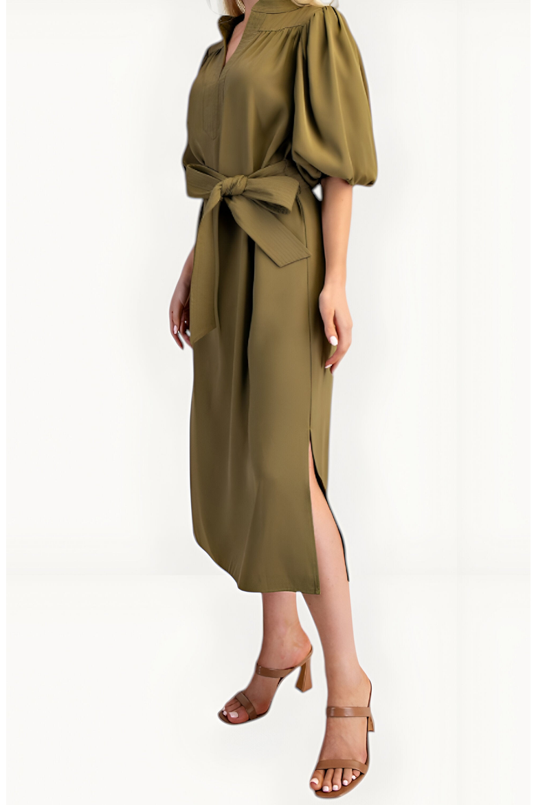 Belted Midi Dress with Puff Elbow Sleeves and Keyhole Neckline