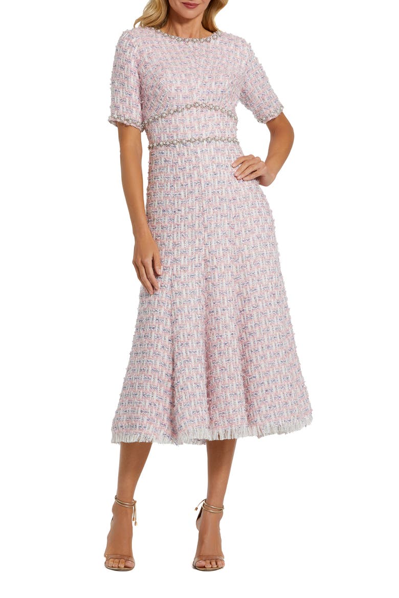 Women's Short Sleeve Beaded Trim Boucle Midi Dress