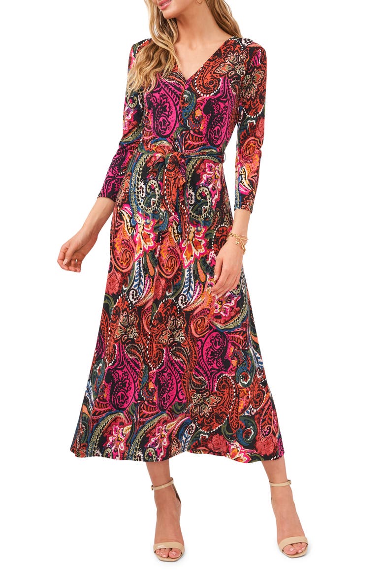 V-Neck Tie Waist Midi Dress