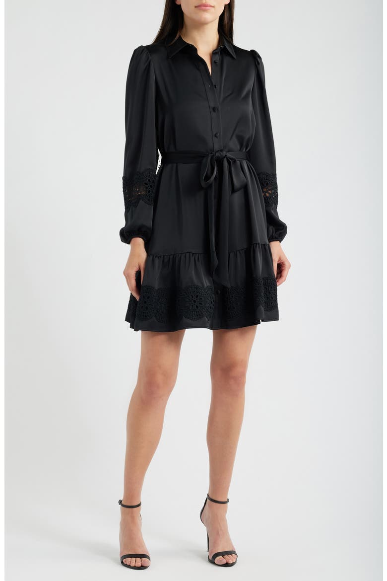 Lace Trim Long Sleeve Tie Belt Satin Shirtdress