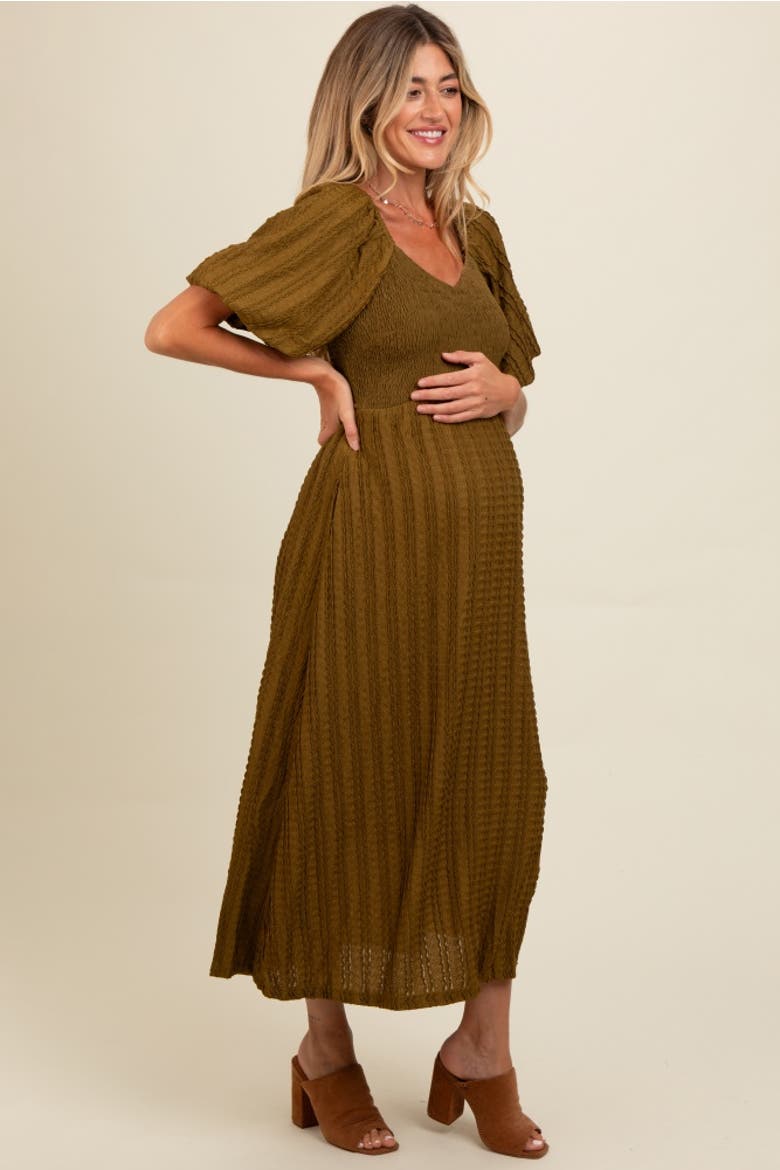 Smocked V-Neck Short Puff Sleeve Textured Midi Dress
