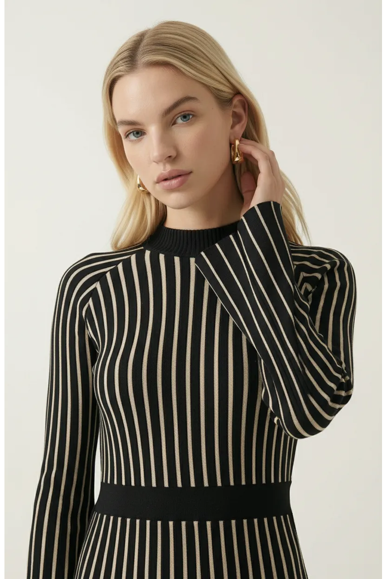 Striped Rib-Knit Long Sleeve Maxi Dress with Mock Neck