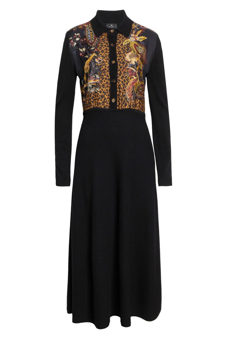 Mixed Media Long Sleeve Wool & Cashmere Midi Sweater Dress