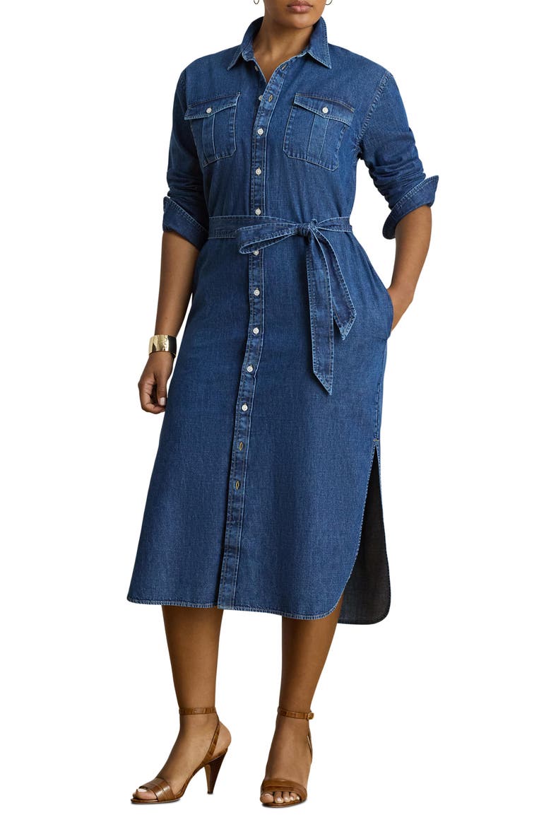 Long Sleeve Belted Cotton Denim Midi Shirtdress