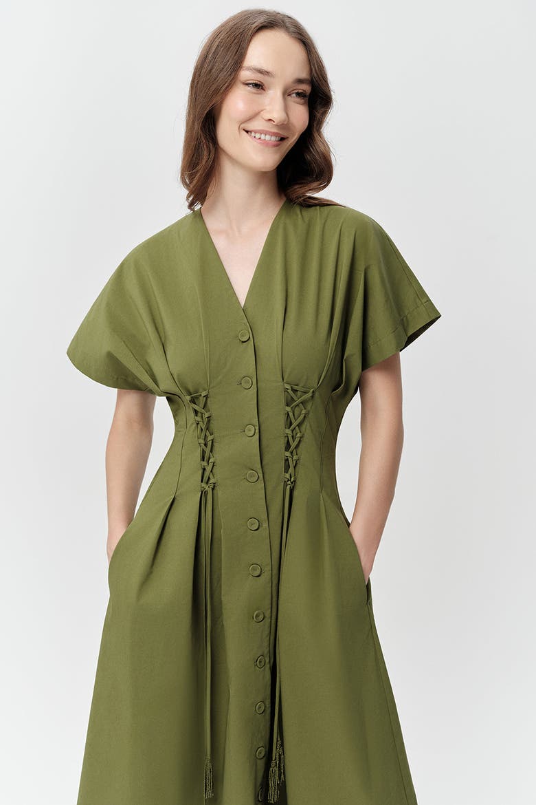 Andree V Neck Tie Waist Pocket Midi Dress