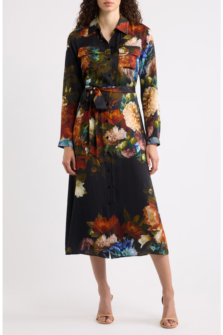 The Kataleya Floral Long Sleeve Stretch Silk Midi Shirtdress
