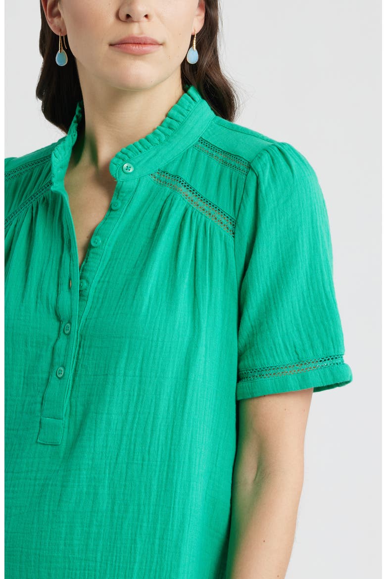 Ruffle Embroidered Inset Cotton Shift Dress