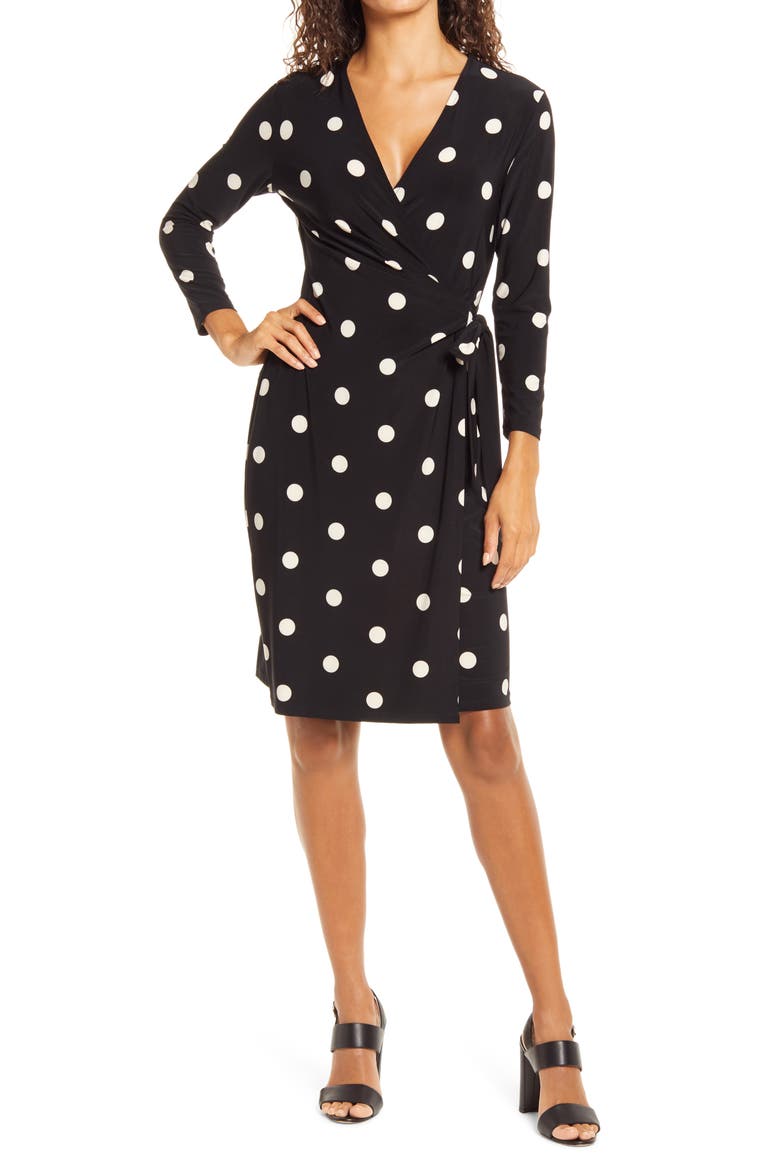 Dot Print Long Sleeve Wrap Dress
