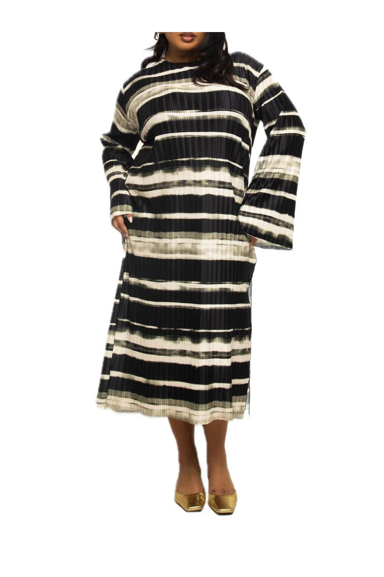Long Sleeved Striped Plisse Midi Dress