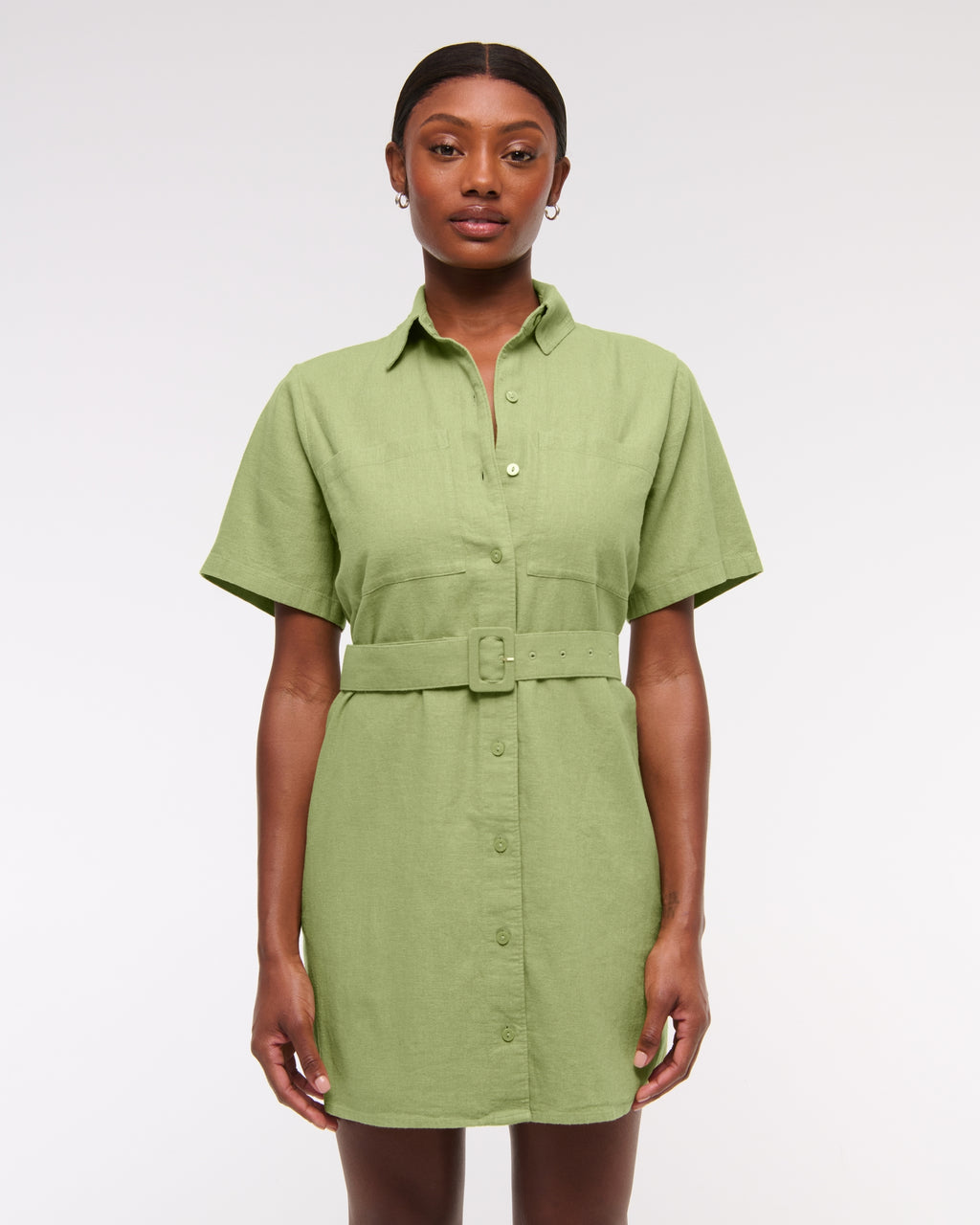 Belted Linen-Blend Mini Shirt Dress