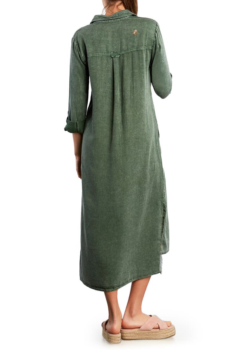 Upstate Floral Embroidered Long Sleeve High-Low Chambray Shirtdress