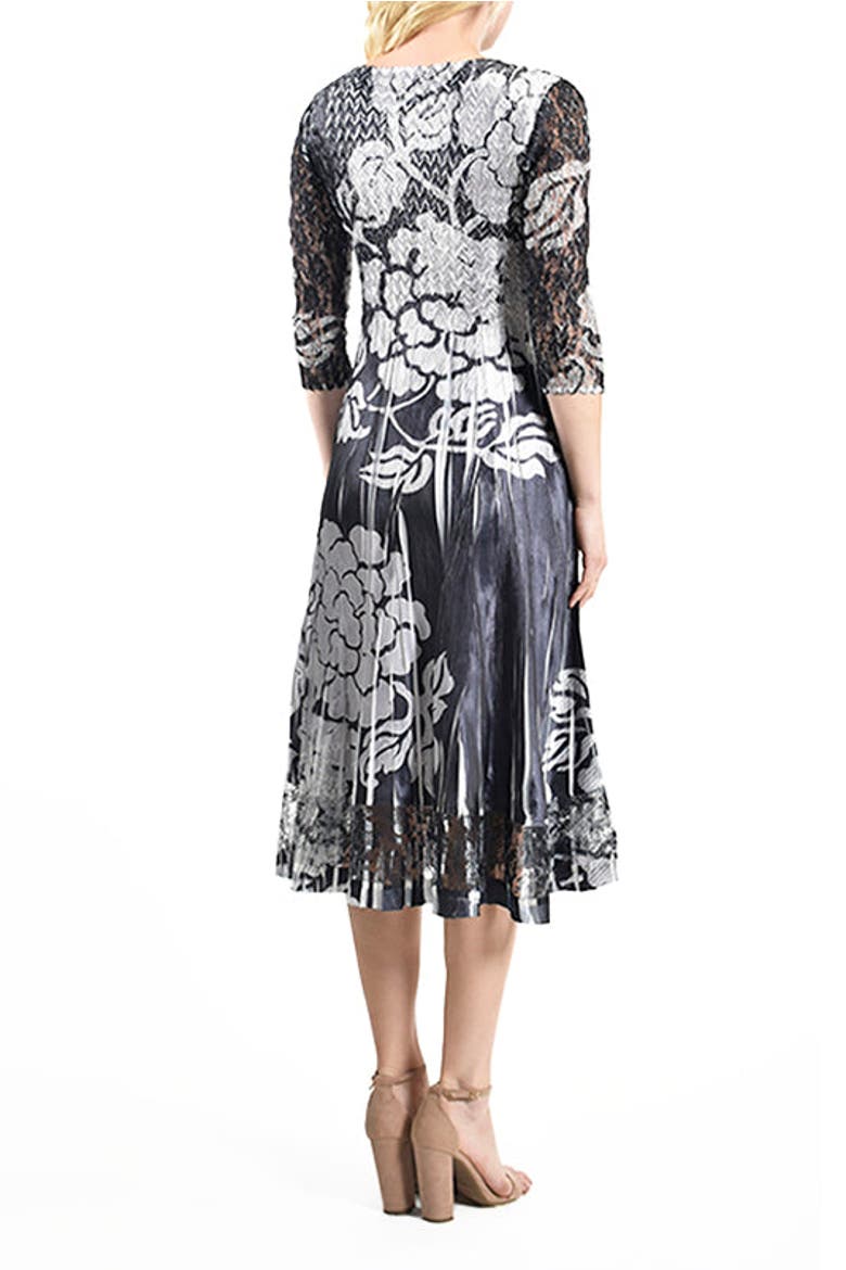 Silver Stencil Printed Charmeuse 3/4 Sleeve Dress
