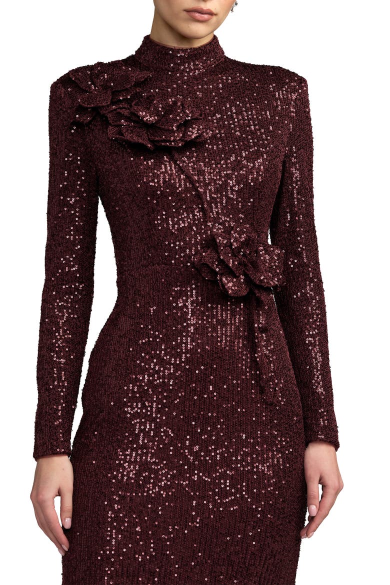 Long Sleeve Sequin Gown With Flowers