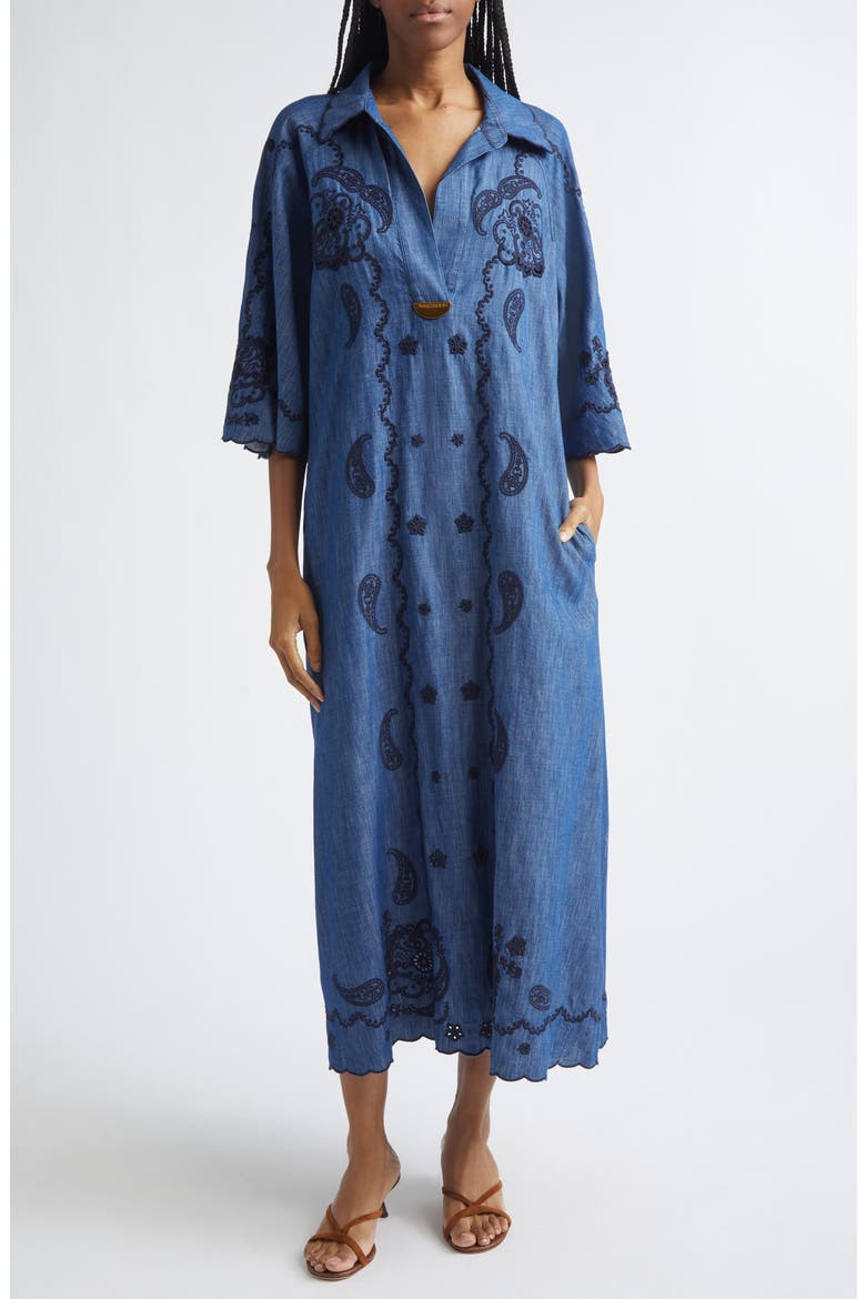 Aster Paisley Embroidered Denim Midi Dress