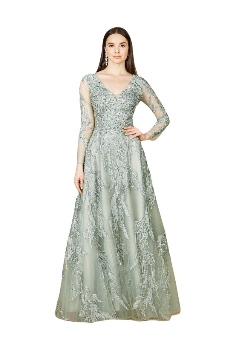 Long Sleeve Lace Ballgown with V-Neck