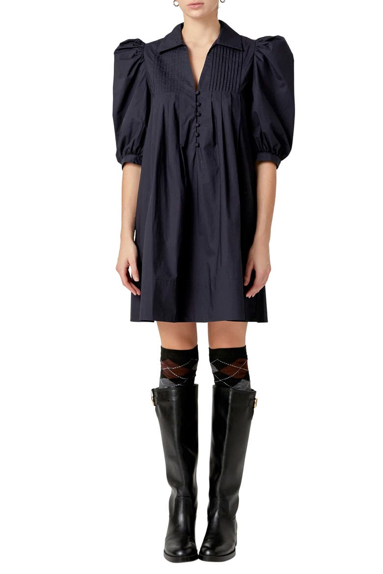 Pintuck Collar Puff Shoulder Minidress