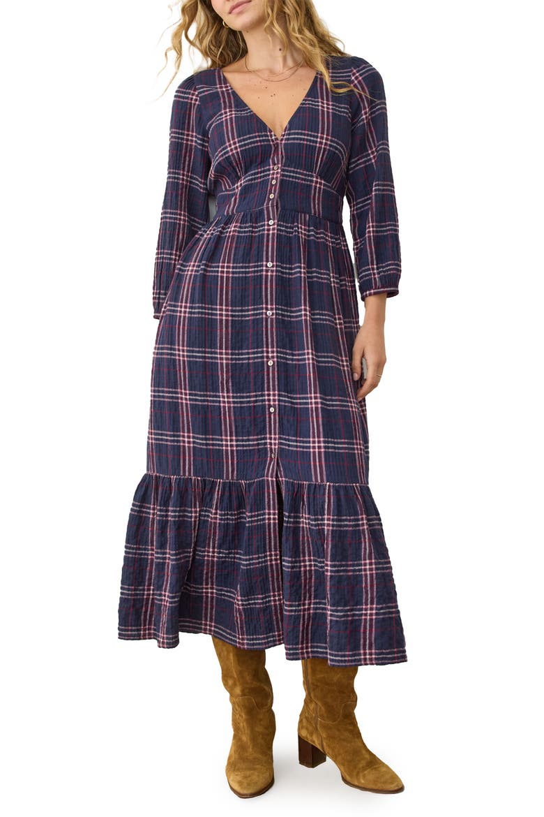 Maeve Plaid Long Sleeve Tiered Midi Dress